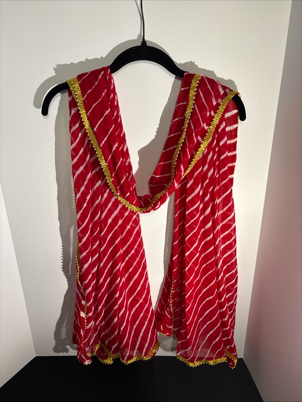 Red and White Striped Scarf with Gold Trim